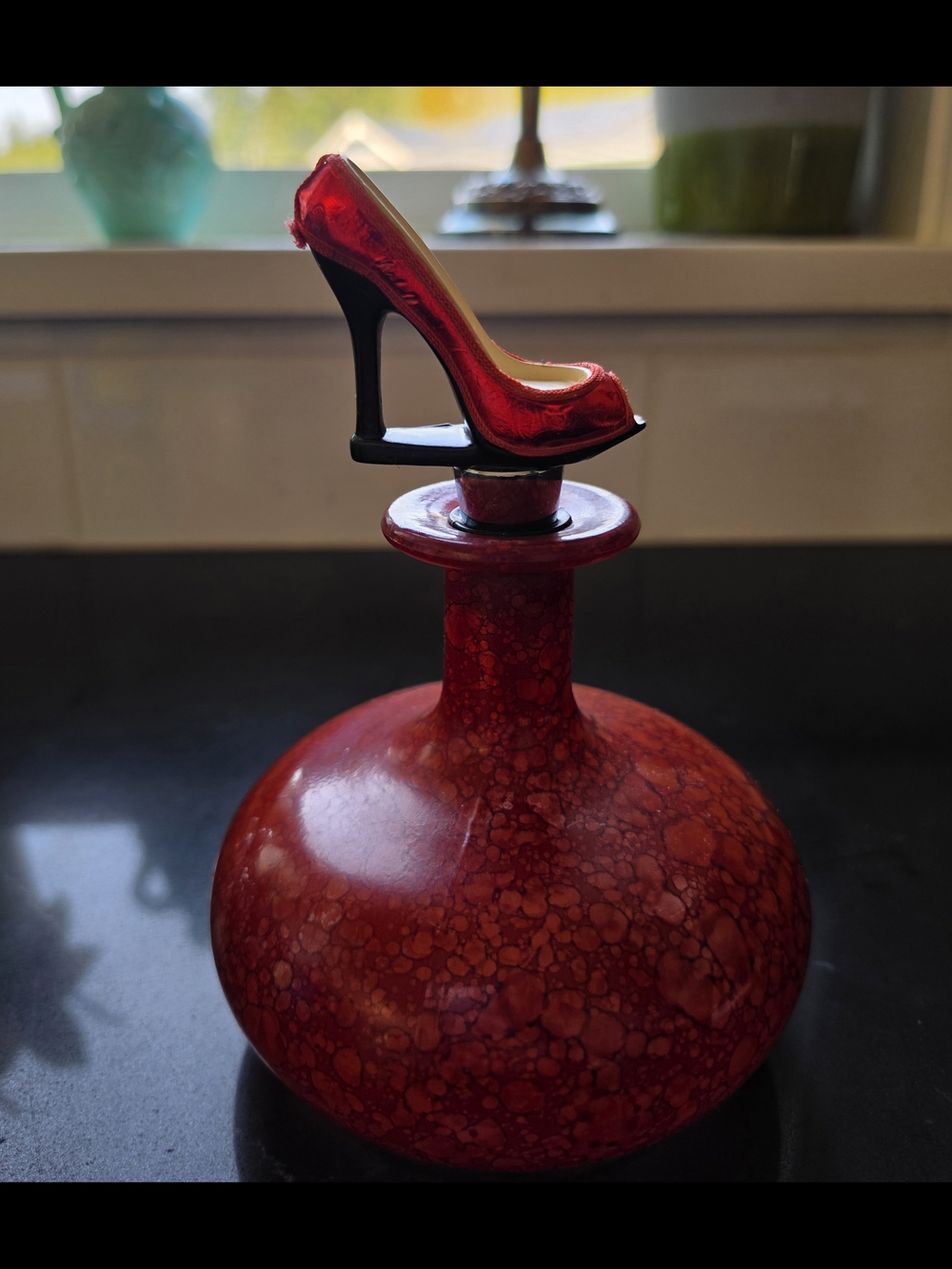 VINTAGE Himark Spain Red Crackle Art Glass Decanter w/ Rare Stiletto Stopper